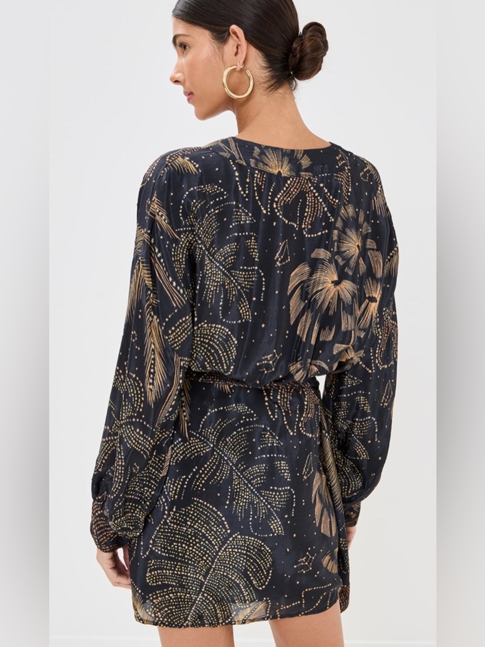 Farm Rio Golden Foliage Black Mini Puffy Sleeve Dress | L - Picture 2 of 8